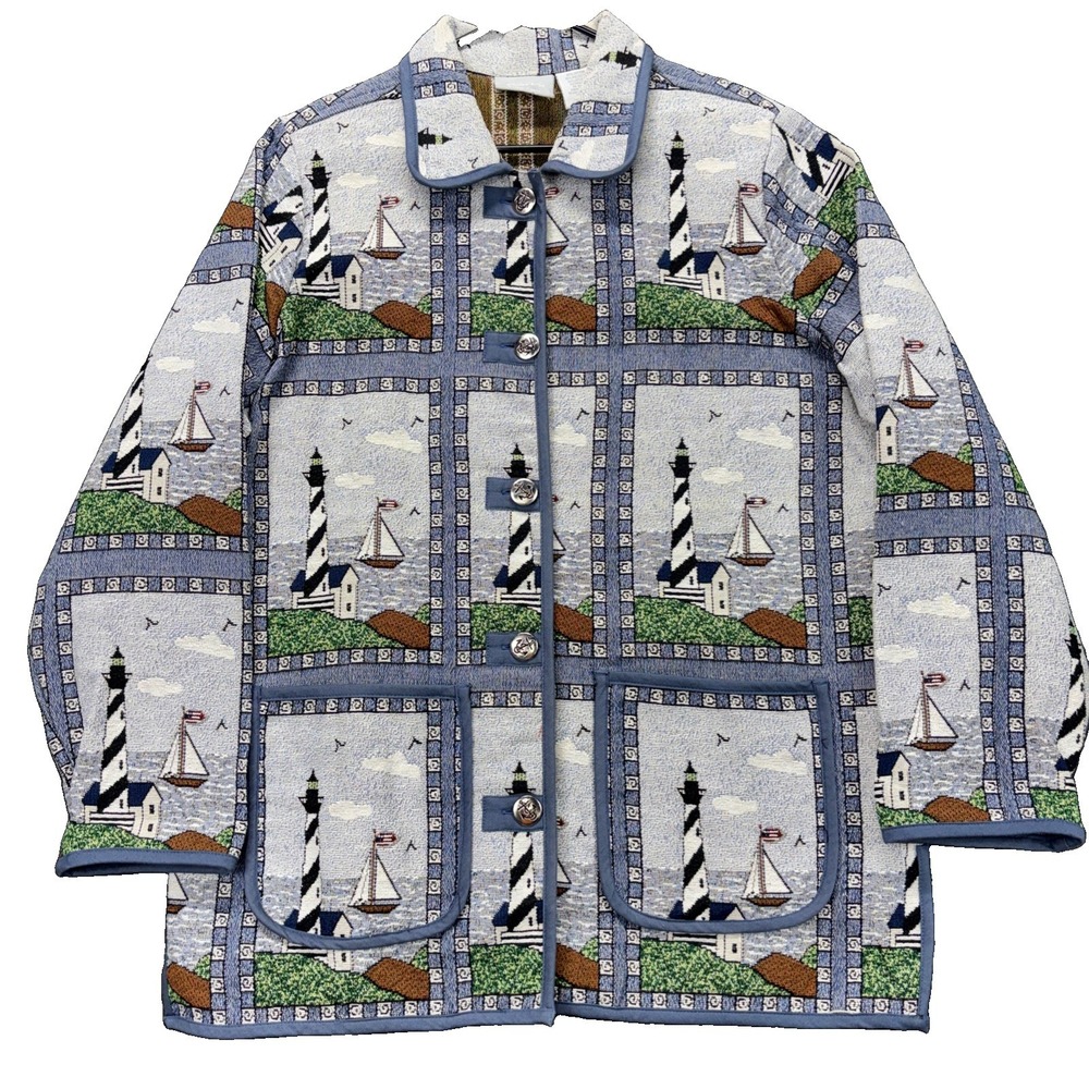 Blair Tapestry Jacket Women's Size L Nautical Lighthouse Coastal Old Money